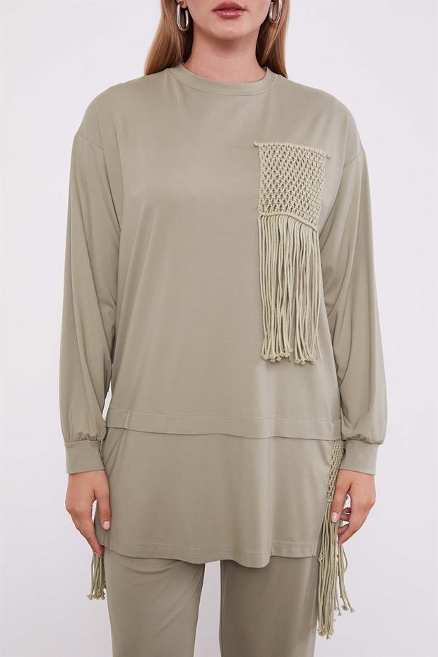 Yeşil Hasır Püskül Detaylı İkili Takım