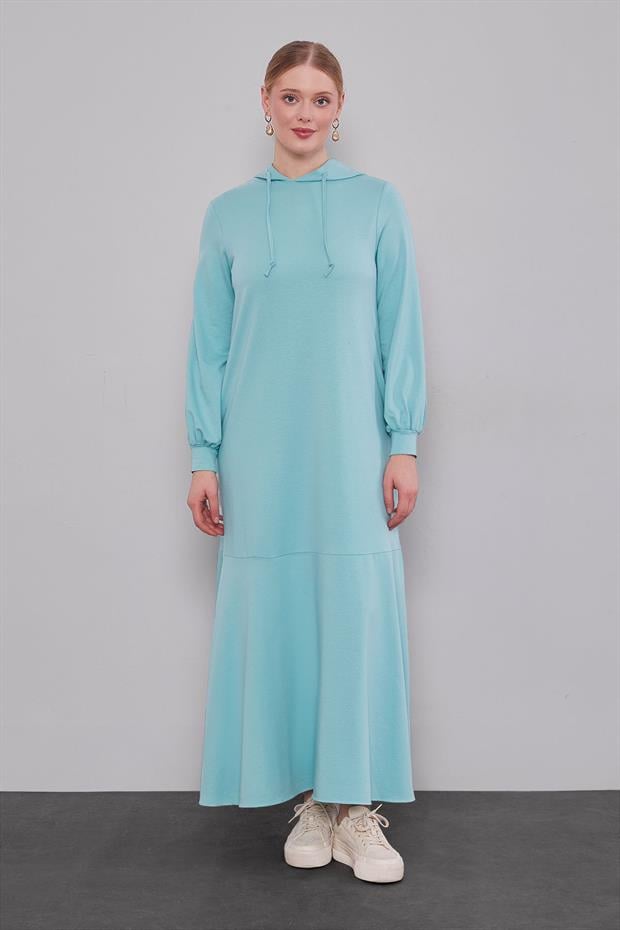 Yeşil Kapuşonlu Gizli Cep Detaylı Elbise