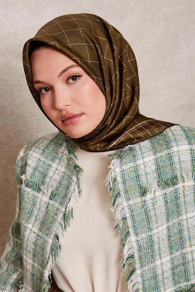Yeşil Kareli Twill İpek Eşarp