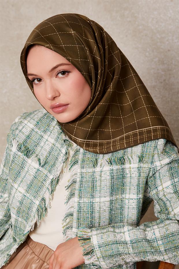 Yeşil Kareli Twill İpek Eşarp