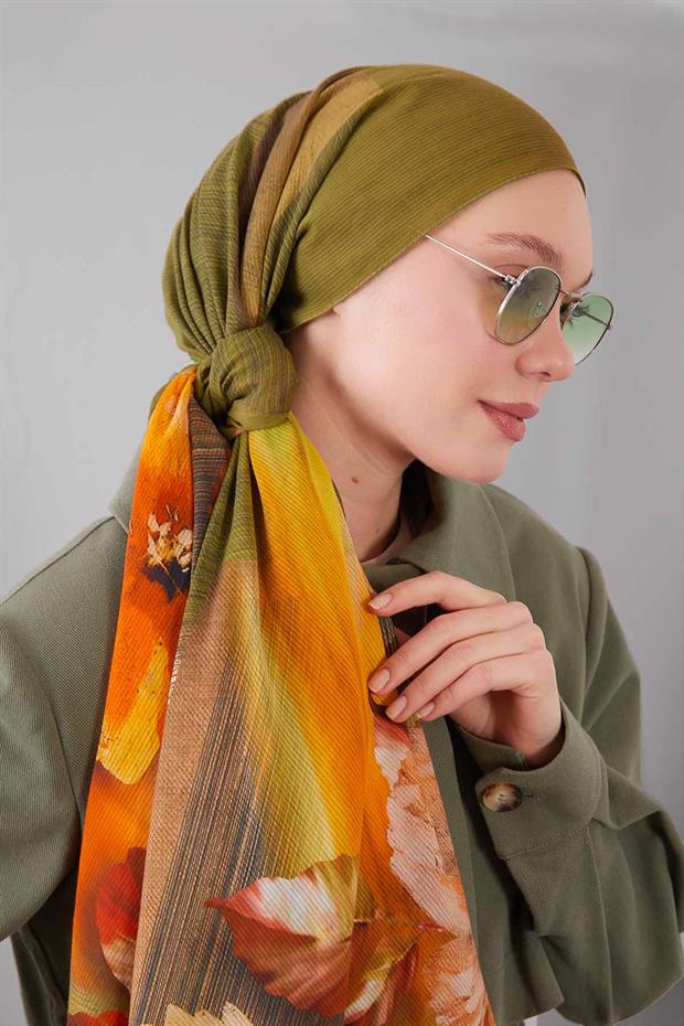 Yeşil Karışık Çiçek Desen Pamuk Şal