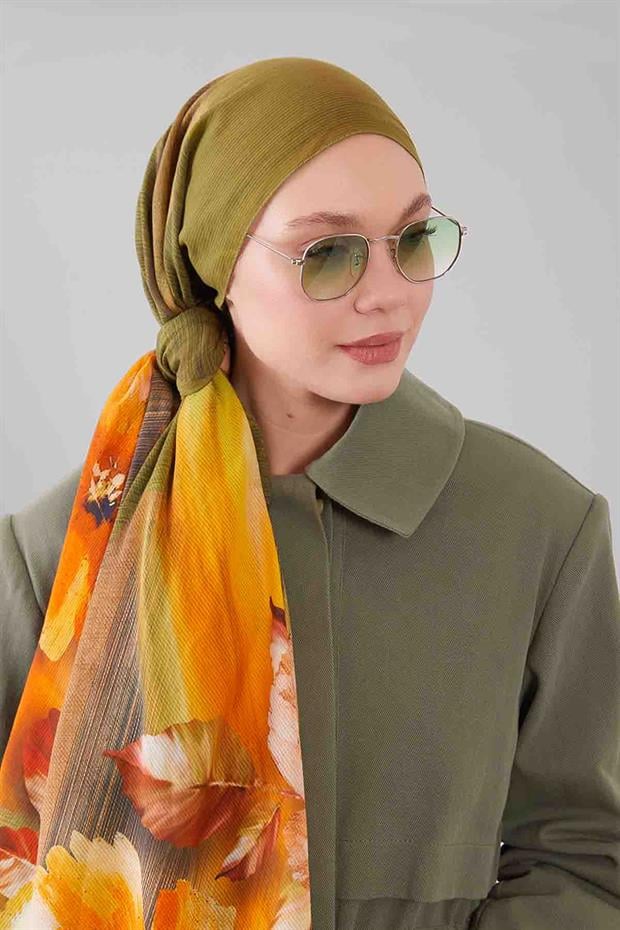 Yeşil Karışık Çiçek Desen Pamuk Şal