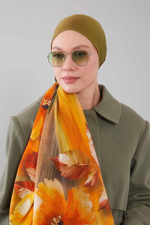 Yeşil Karışık Çiçek Desen Pamuk Şal