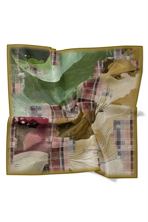 Yeşil İnce Çizgi Desen Twill İpek Eşarp