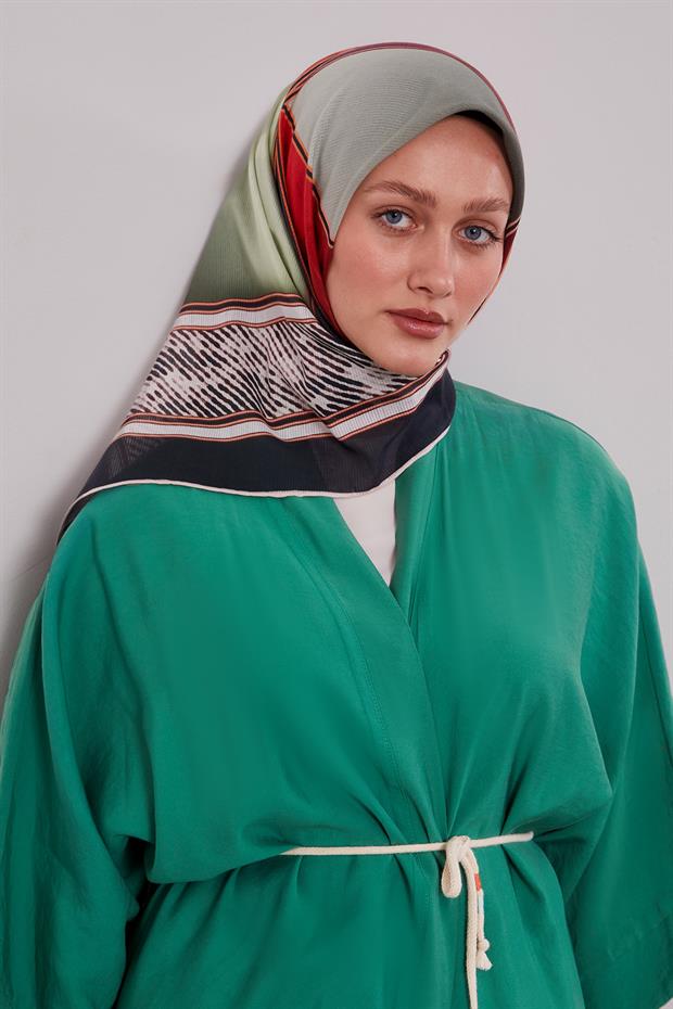 Yeşil Karışık Geometrik Desen Pamuk Eşarp