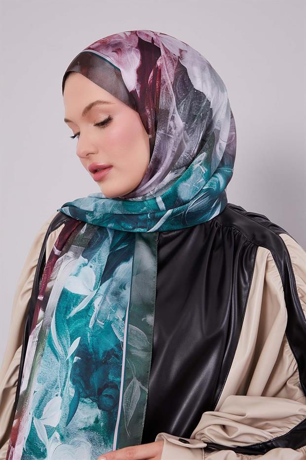 Yeşil Karışık Yaprak Desen Hint İpeği Şal