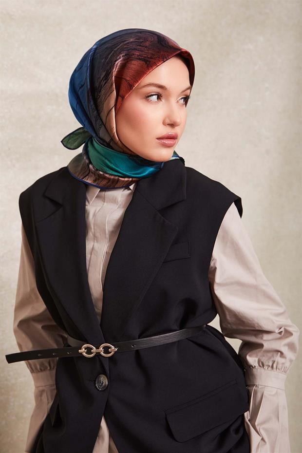 Yeşil Karmaşık Desen Twill İpek Eşarp