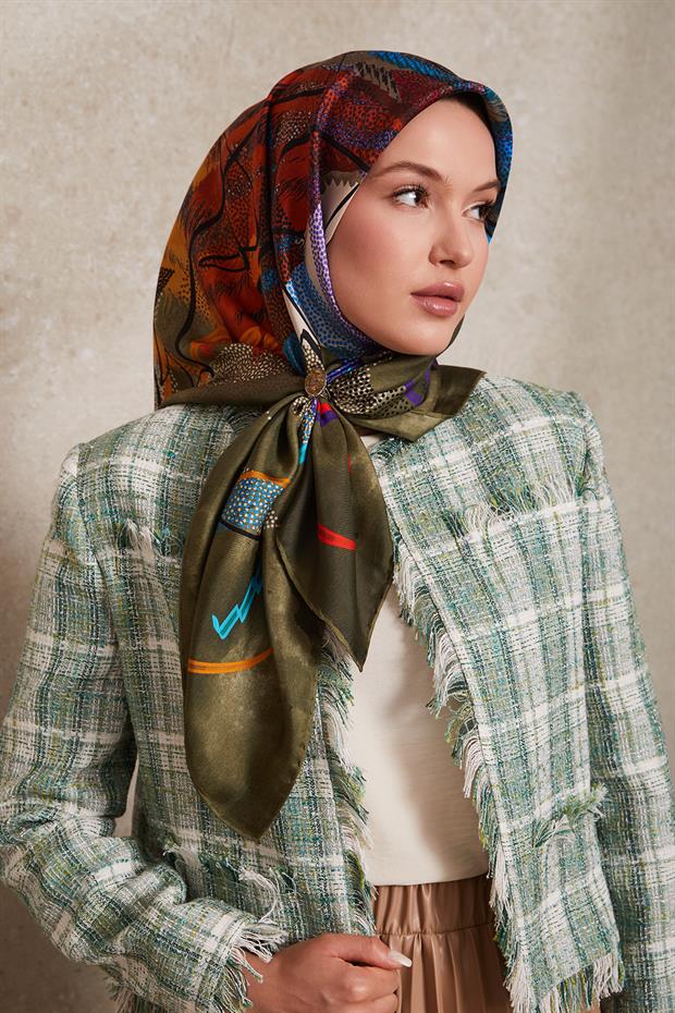 Yeşil Karmaşık Desen Twill İpek Eşarp
