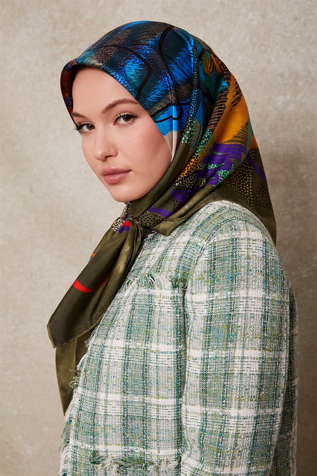 Yeşil Karmaşık Desen Twill İpek Eşarp