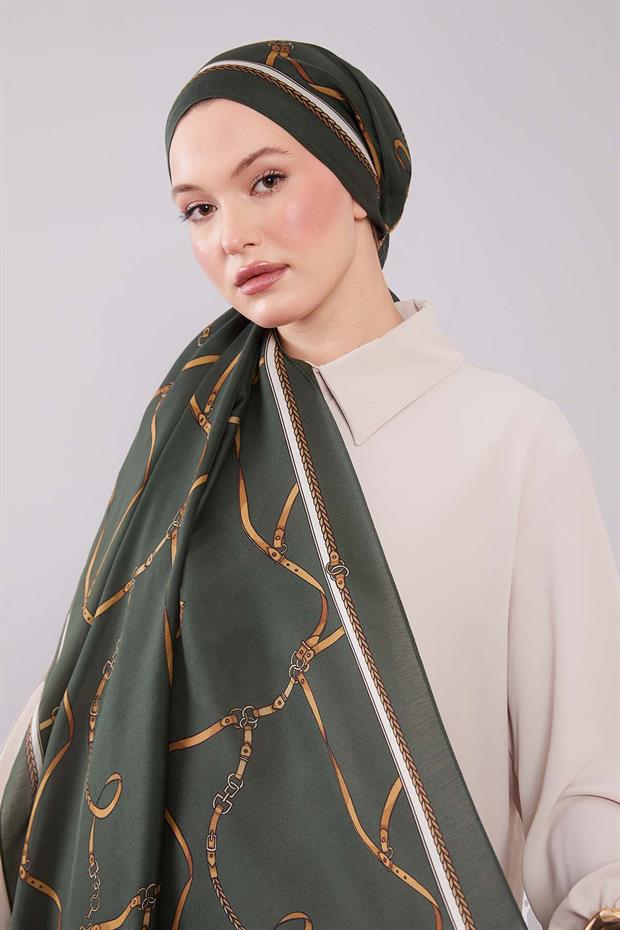 Yeşil Kemer Desenli Yün İpek Şal