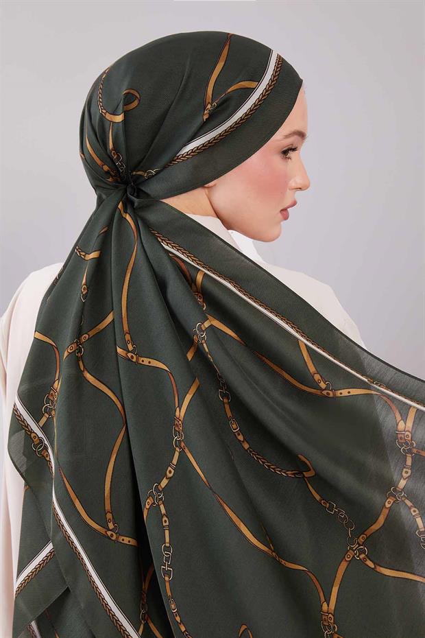 Yeşil Kemer Desenli Yün İpek Şal