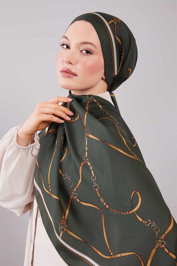 Yeşil Kemer Desenli Yün İpek Şal