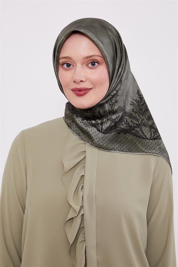 Yeşil Kenar Benekli Twill İpek Eşarp