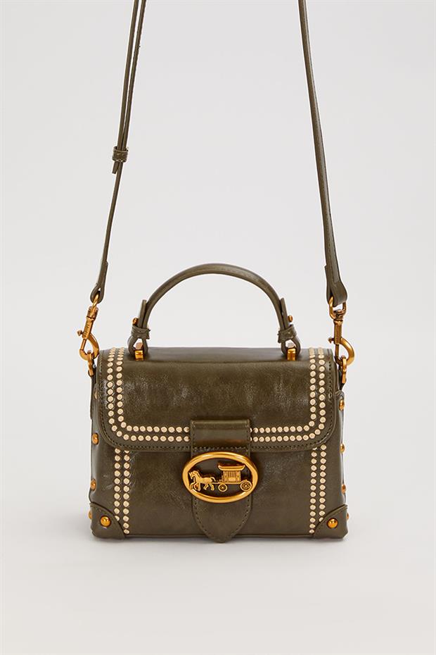 Yeşil Kenar Zımba Detaylı Omuz Çantası