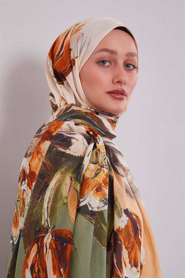 Yeşil Lale Desen Pamuk Şal