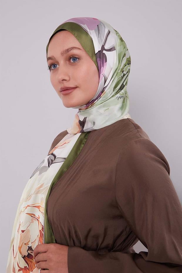 Yeşil Lotus Desen Hint İpeği Şal