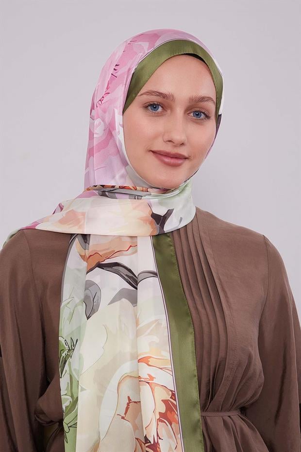 Yeşil Lotus Desen Hint İpeği Şal