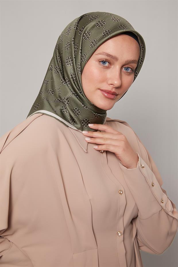 Yeşil Mini Yonca Desen Twill İpek Eşarp