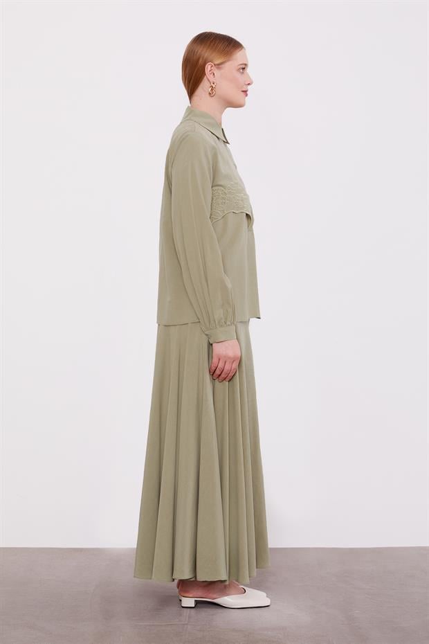 Yeşil Nakış Detaylı Cupra Etek Takım