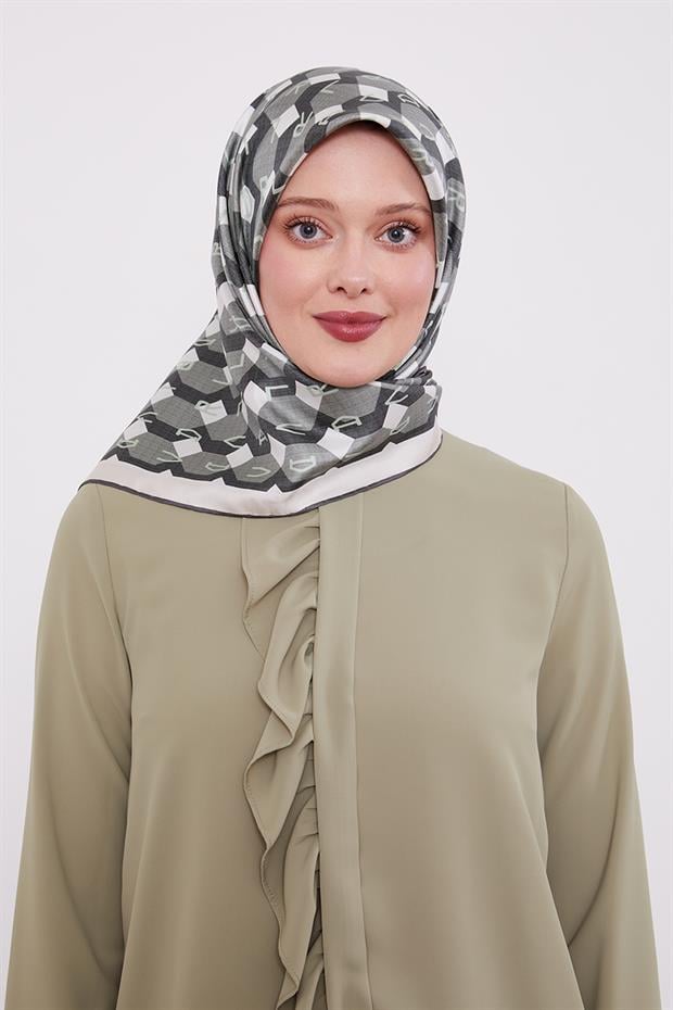 Yeşil Petek Baskılı Twill İpek Eşarp