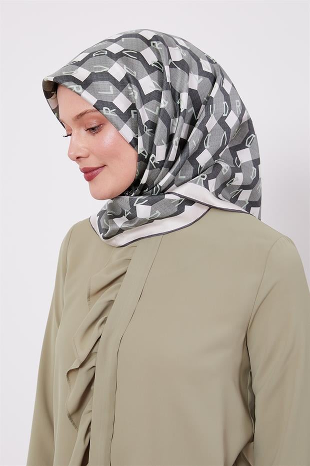Yeşil Petek Baskılı Twill İpek Eşarp