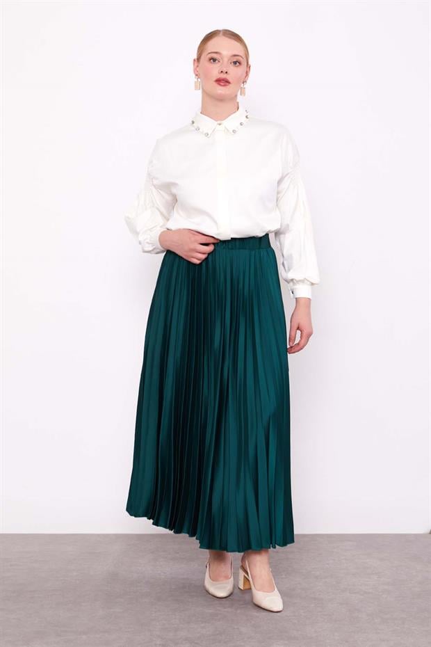 Yeşil Piliseli Saten Etek