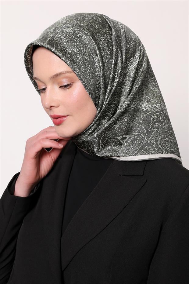 Yeşil Soyut Etnik Desen Twill İpek Eşarp