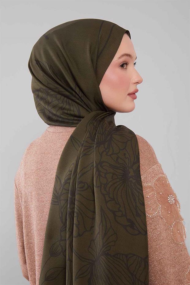 Yeşil Sümbül Çiçek Desen Yün İpek Şal