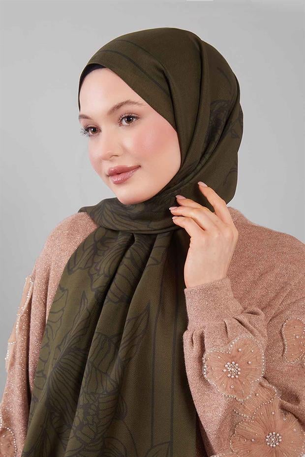 Yeşil Sümbül Çiçek Desen Yün İpek Şal