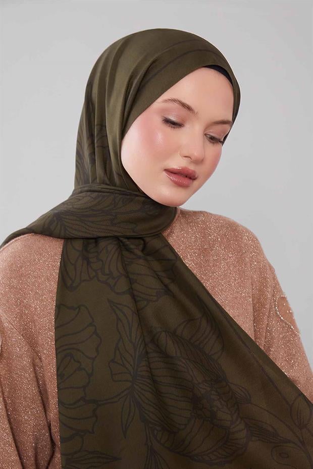 Yeşil Sümbül Çiçek Desen Yün İpek Şal