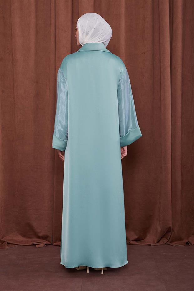 Yeşil Taş Broş Detaylı Saten Ferace