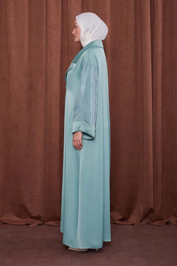 Yeşil Taş Broş Detaylı Saten Ferace