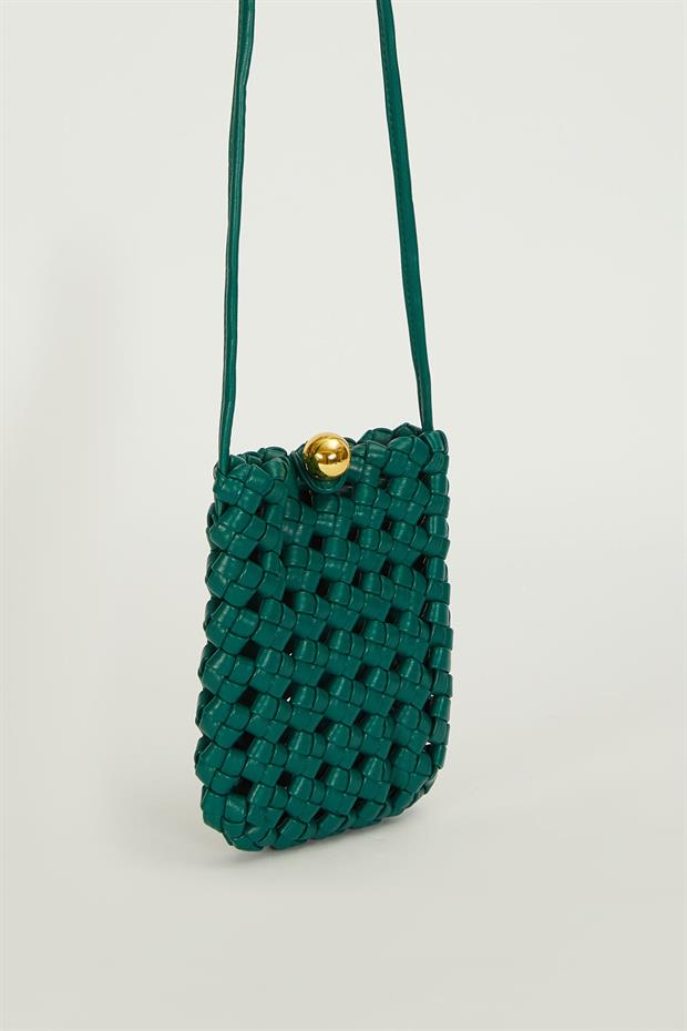 Yeşil Tokalı Örgü Model Omuz Çantası