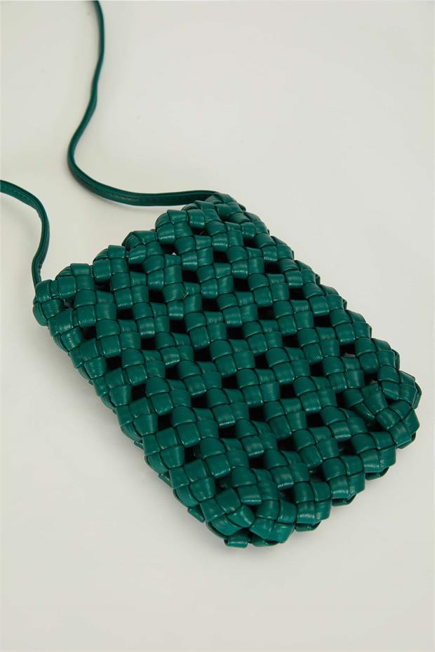 Yeşil Tokalı Örgü Model Omuz Çantası