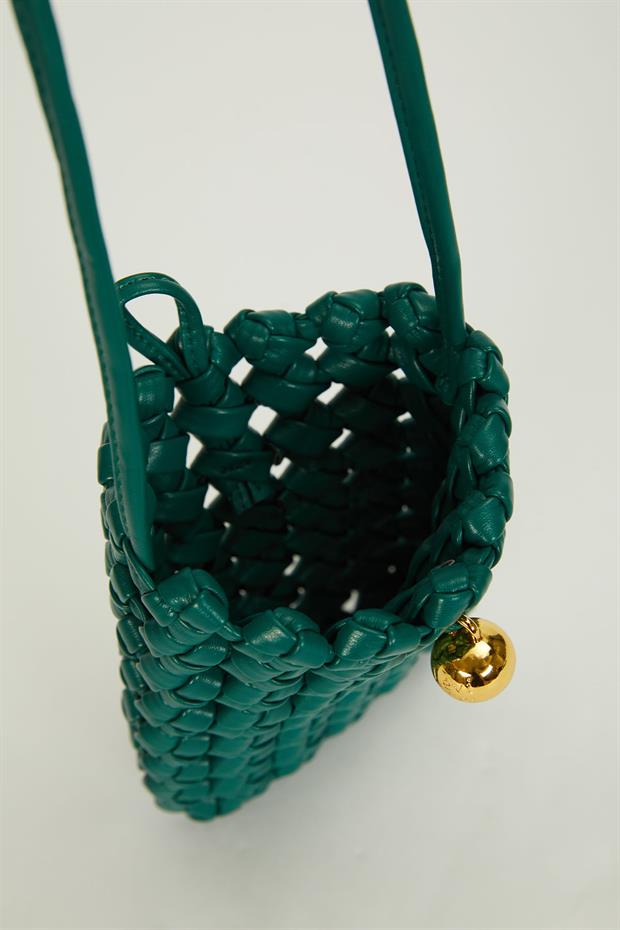 Yeşil Tokalı Örgü Model Omuz Çantası