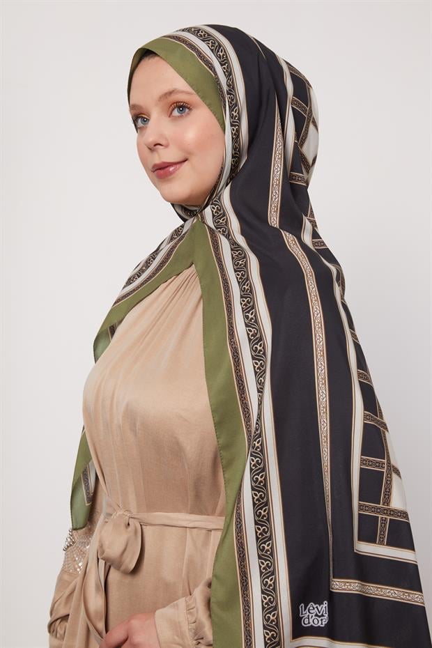 Yeşil Şeritli Varak Desen Love Şal