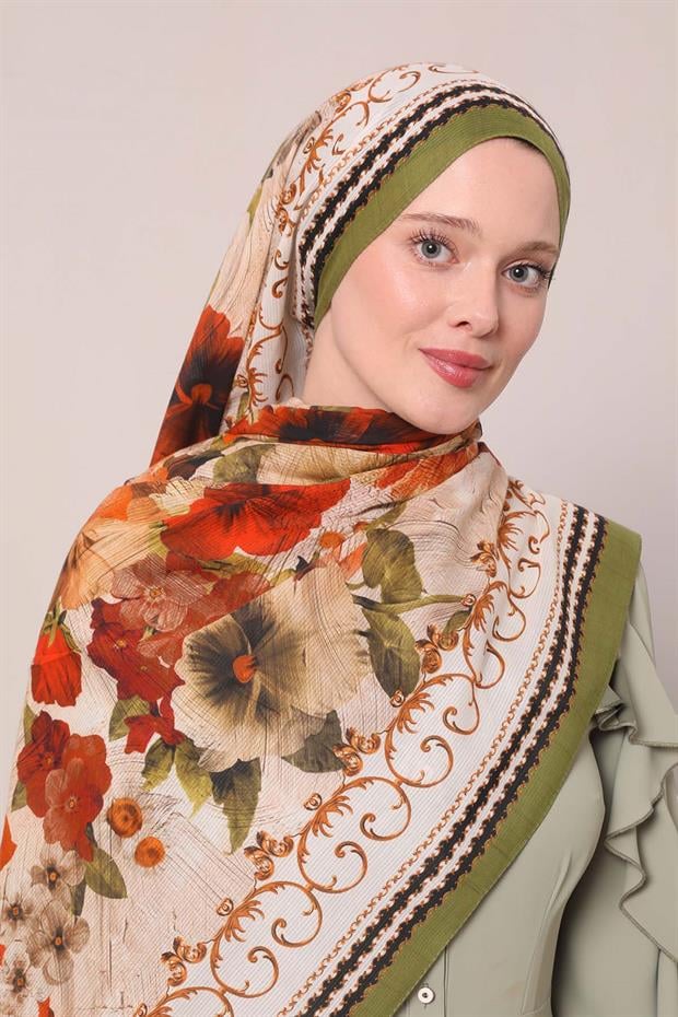 Yeşil Varak Desen Pamuk Şal