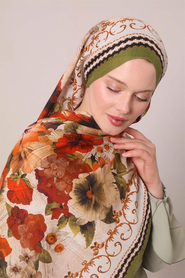 Yeşil Varak Desen Pamuk Şal