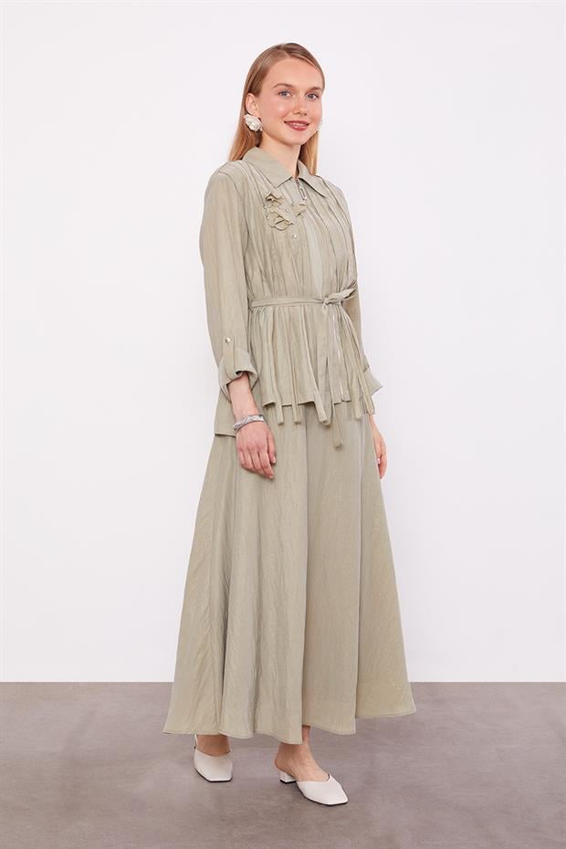 Yeşil Yakası Taş Detaylı Cupra Etek Takım