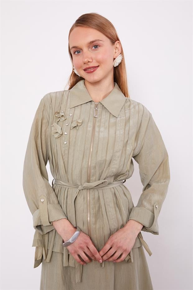 Yeşil Yakası Taş Detaylı Cupra Etek Takım