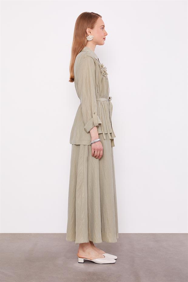 Yeşil Yakası Taş Detaylı Cupra Etek Takım