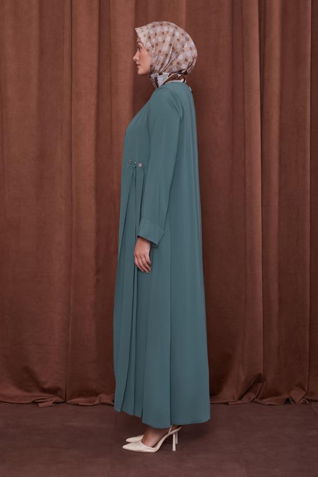 Yeşil Yanları Pileli Düğme Detaylı Ferace