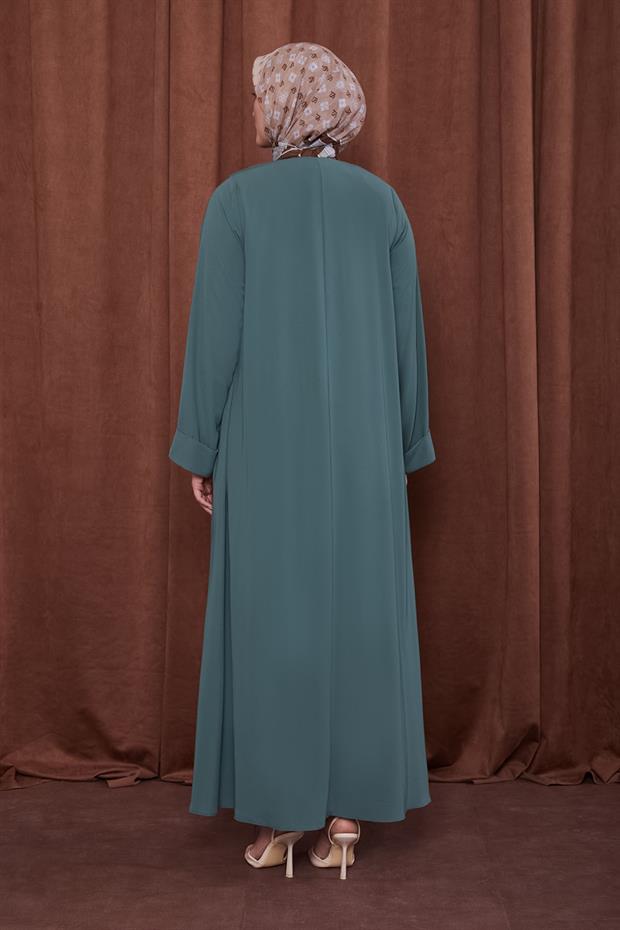 Yeşil Yanları Pileli Düğme Detaylı Ferace