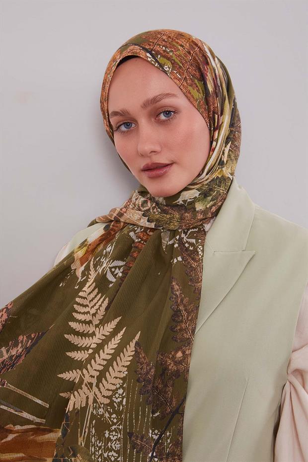 Yeşil Yaprak Desen Pamuk Şal
