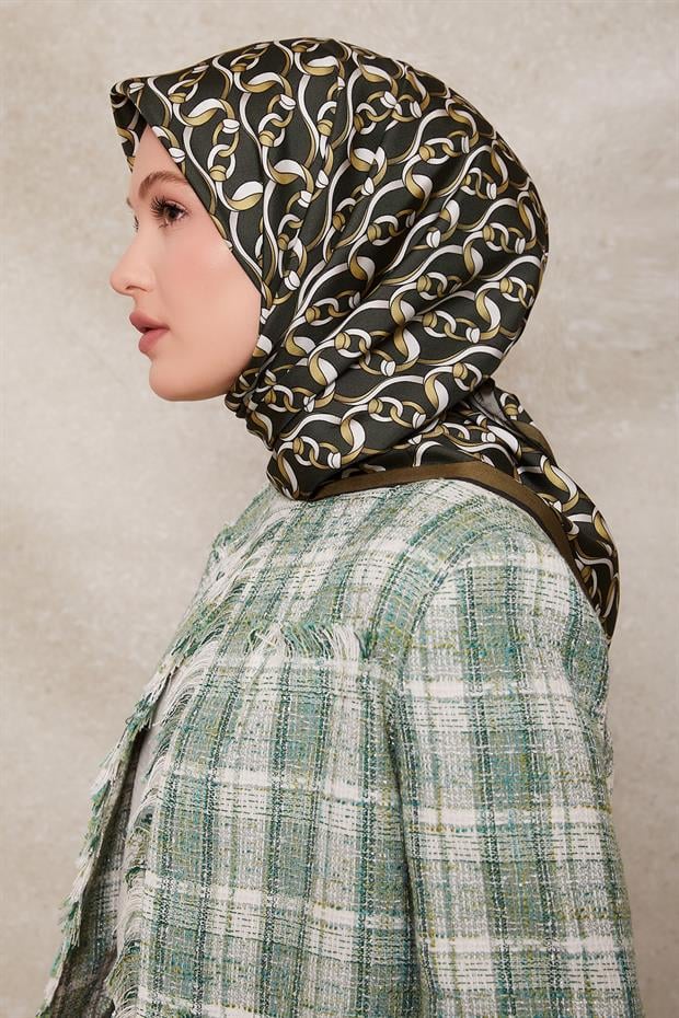 Yeşil Zincirli Desenli Twill İpek Eşarp