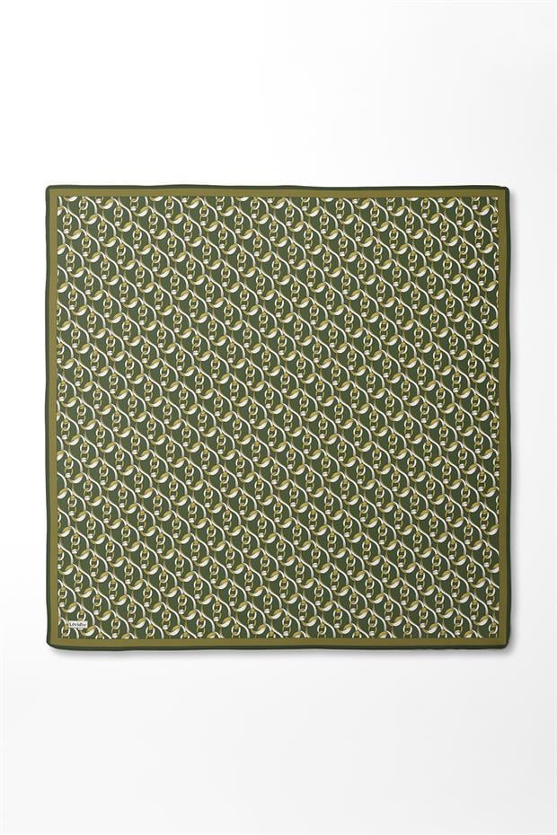 Yeşil Zincirli Desenli Twill İpek Eşarp