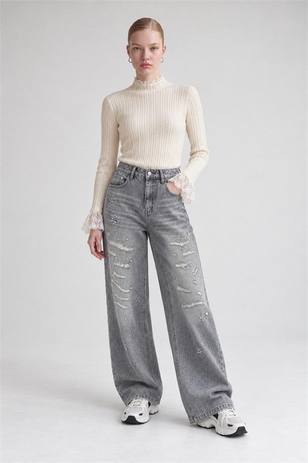 Yıpratma Detaylı Jean Pantolon Gri
