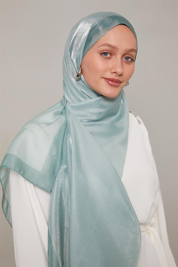 Yosun Yeşili Şerit Desen Kehribar Şal