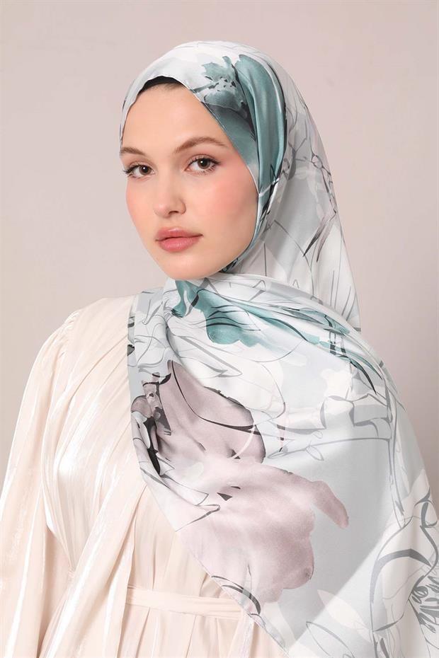 Yosun Yeşili Soyut Çiçek Desen Twill Şal