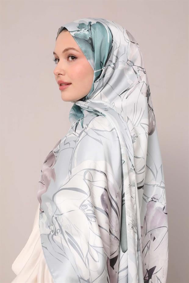 Yosun Yeşili Soyut Çiçek Desen Twill Şal